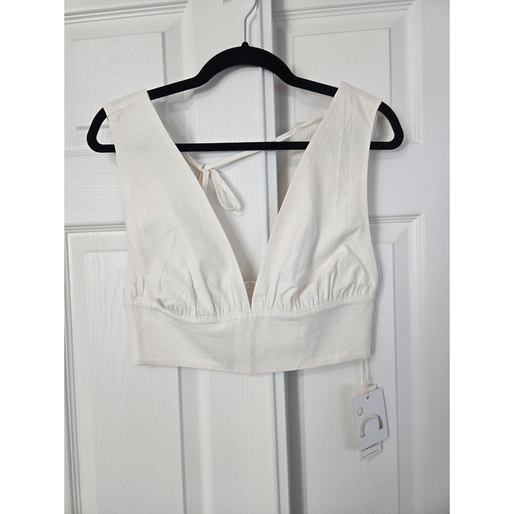 Commense Off White V Neck Tie Back Crop Top Sleeveless Minimalist Summer Blouse